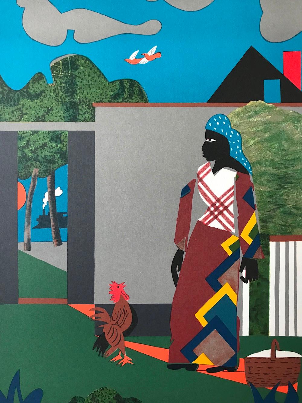 PEPPER JELLY LADY Lithographie signée Femme noire, coq, train, culture noire - Print de Romare Bearden