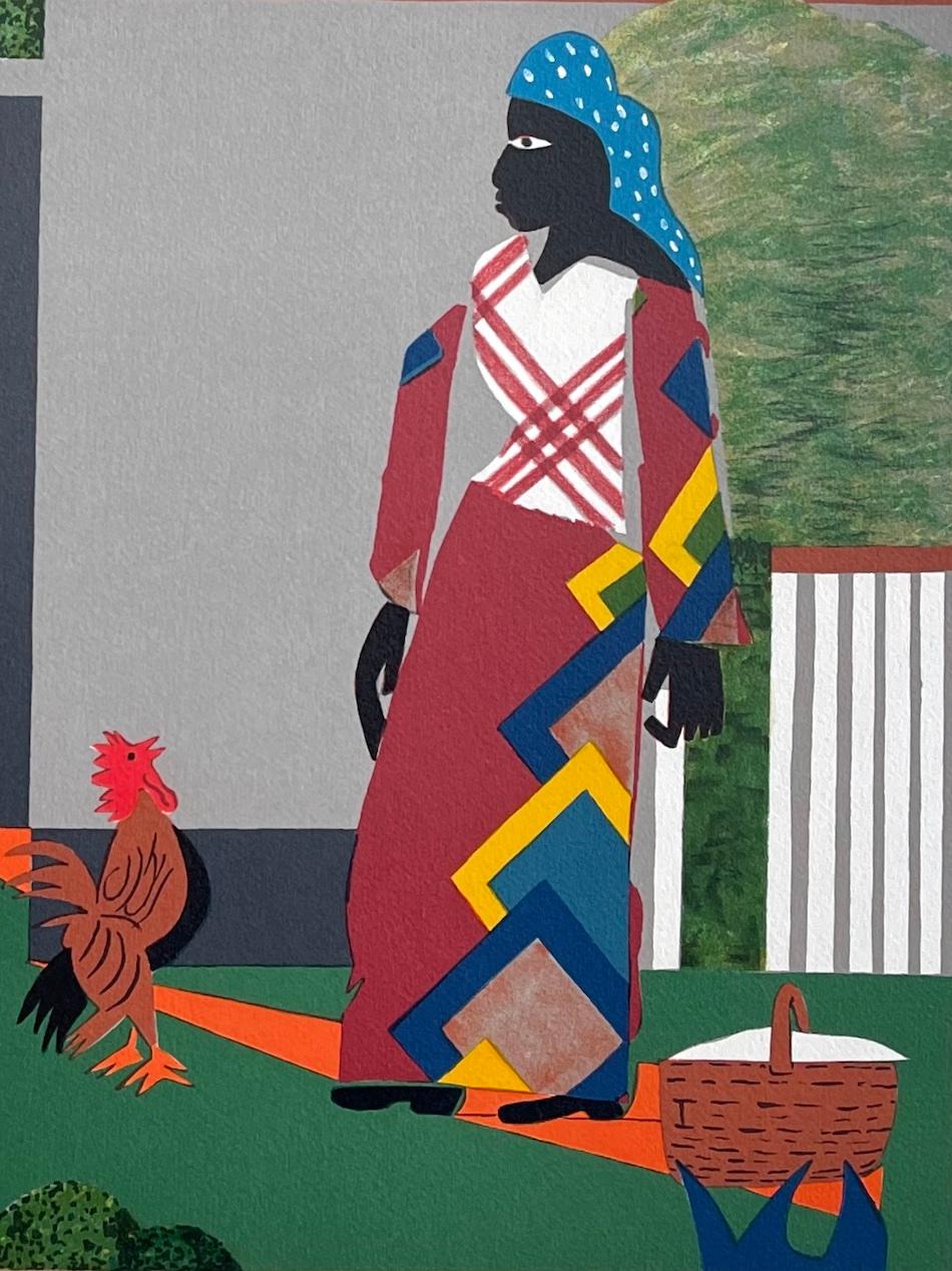 PEPPER JELLY LADY Lithographie signée Femme noire, coq, train, culture noire - Beige Animal Print par Romare Bearden