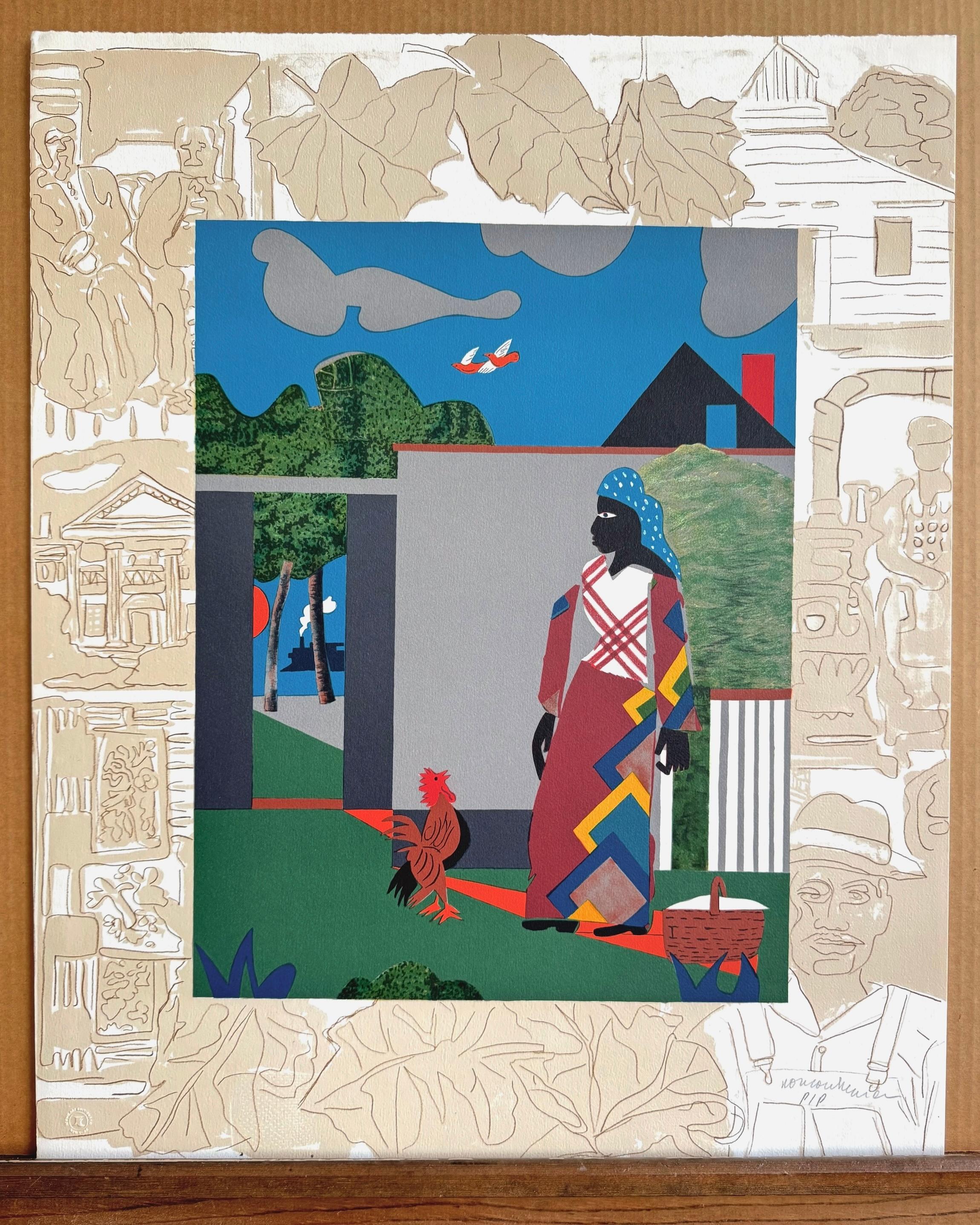 PEPPER JELLY LADY Lithographie signée Femme noire, coq, train, culture noire en vente 3