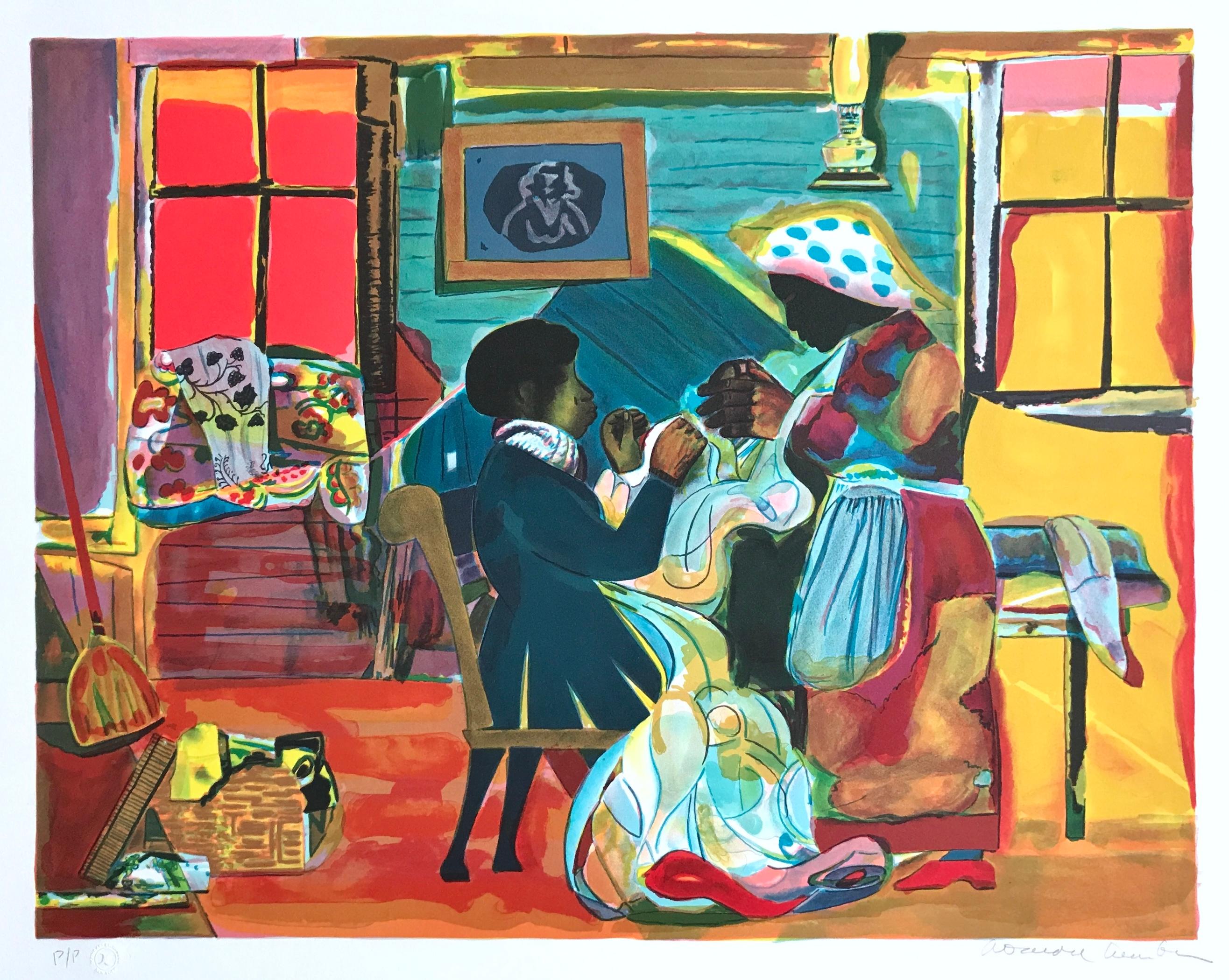 QUILTING TIME Hand Signed Lithograph, Black Family Life African American Culture - Print by Romare Bearden