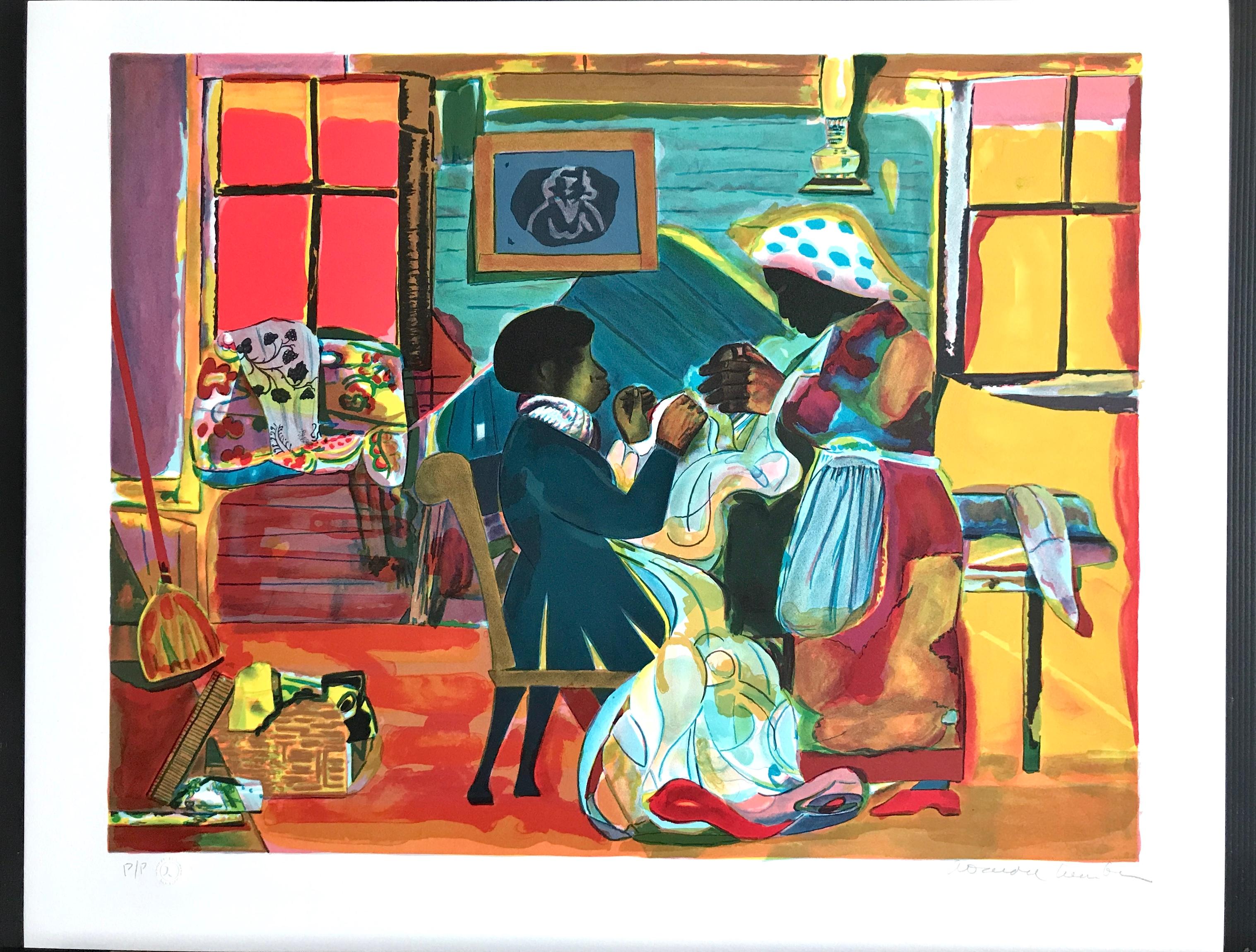 QUILTING TIME Hand Signed Lithograph, Black Family Life African American Culture For Sale 3