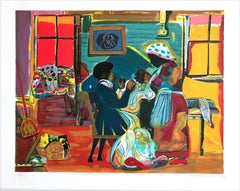 QUILTING TIME Hand Signed Lithograph, Black Family Life African American Culture