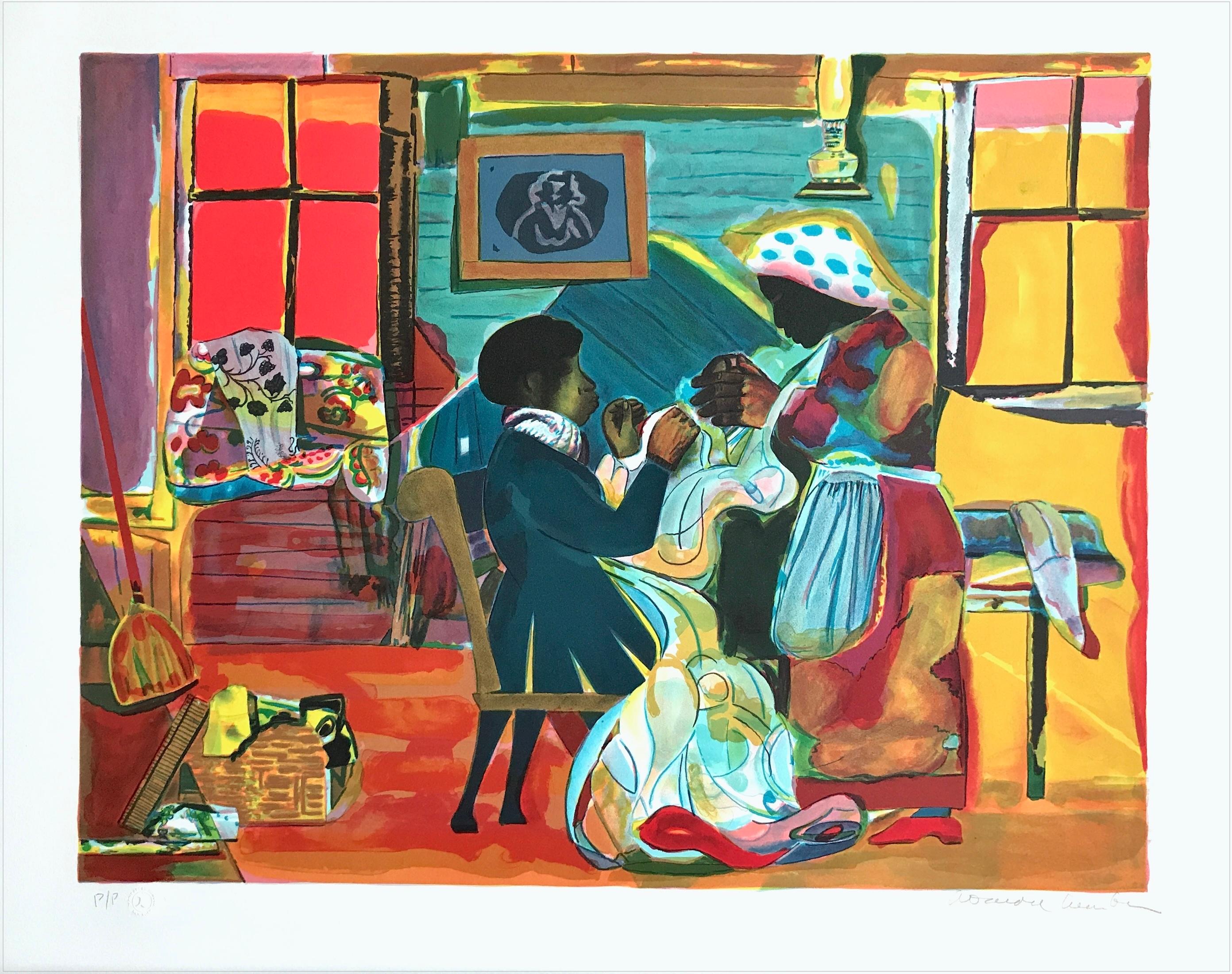 QUILTING TIME Lithographie signée à la main, vie de famille noire Culture afro-américaine