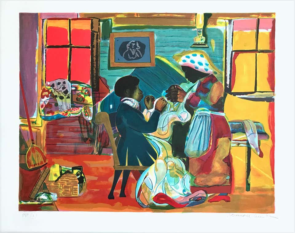 QUILTING TIME Hand Signed Lithograph, Black Family Life African American Culture