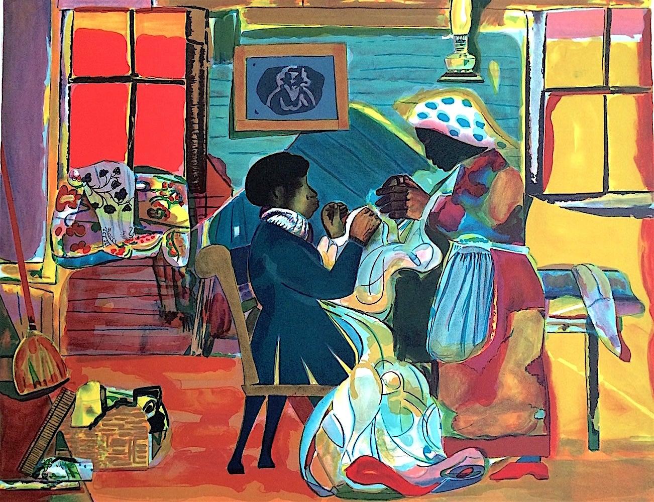 QUILTING TIME Signed Lithograph, African American Culture, Interior Scene, Quilt - Print by Romare Bearden