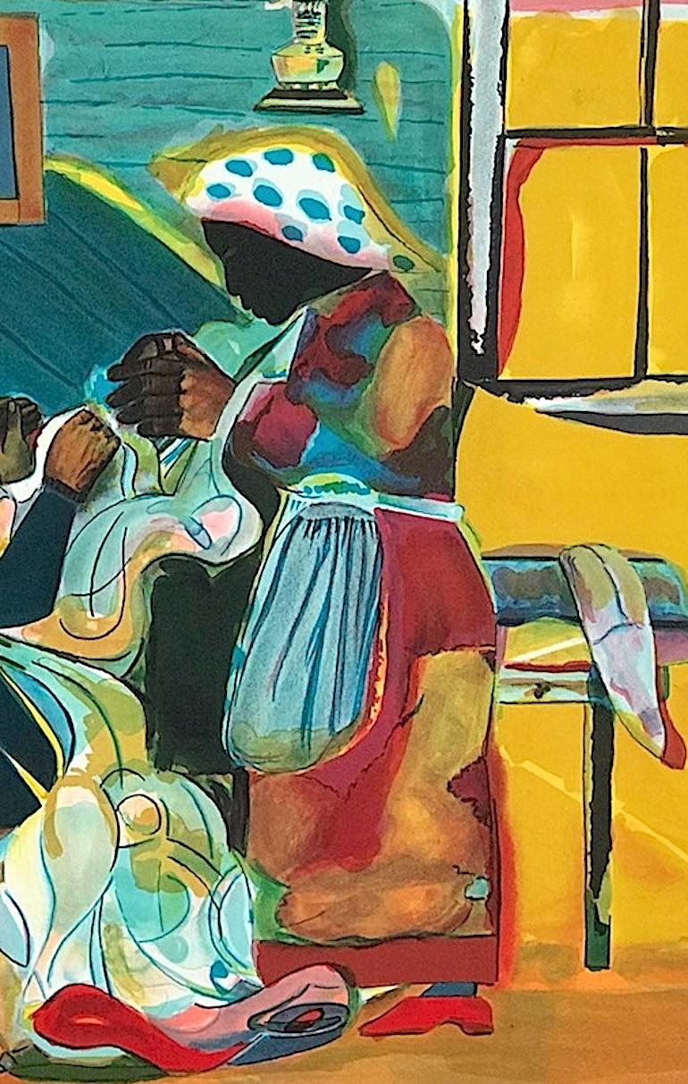 QUILTING TIME Litografía firmada, Cultura afroamericana, Escena interior, Colcha - Figurative Print Beige de Romare Bearden