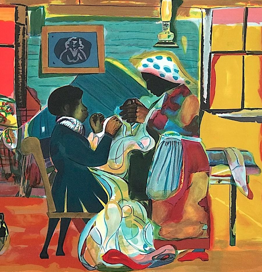 QUILTING TIME es una litografía original de edición limitada impresa con métodos tradicionales de litografía a mano en papel de impresión Somerset de archivo, 100% libre de ácido. QUILTING TIME, del maestro afroamericano Romare Bearden, pertenece a