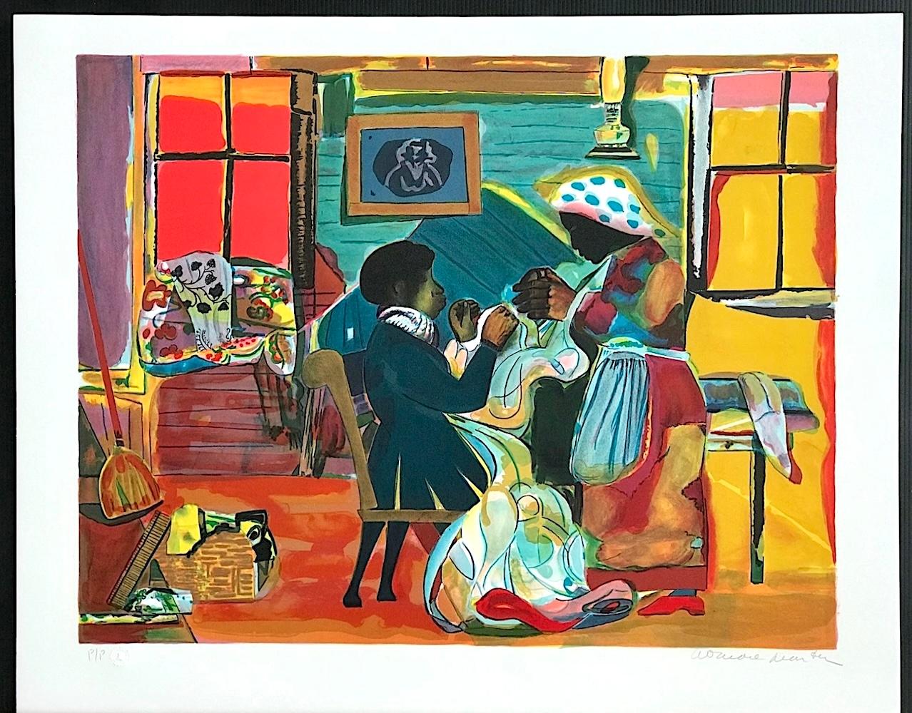 QUILTING TIME Litografía firmada, Cultura afroamericana, Escena interior, Colcha en venta 3
