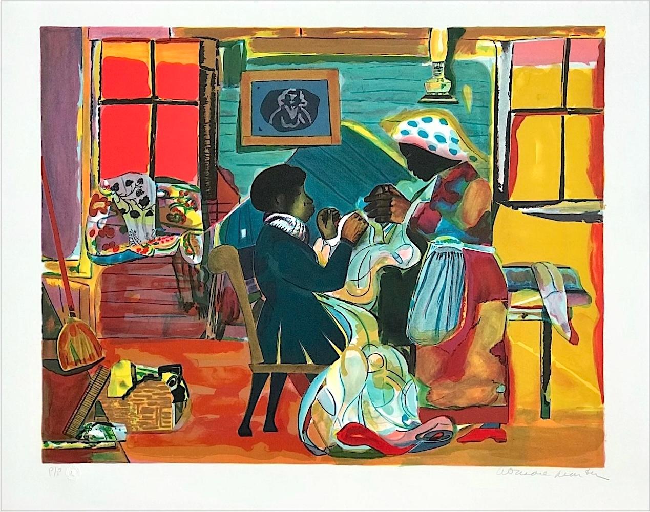 Figurative Print de Romare Bearden - QUILTING TIME Litografía firmada, Cultura afroamericana, Escena interior, Colcha