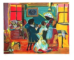 QUILTING TIME Signed Lithograph, African American Culture, Interior Scene, Quilt