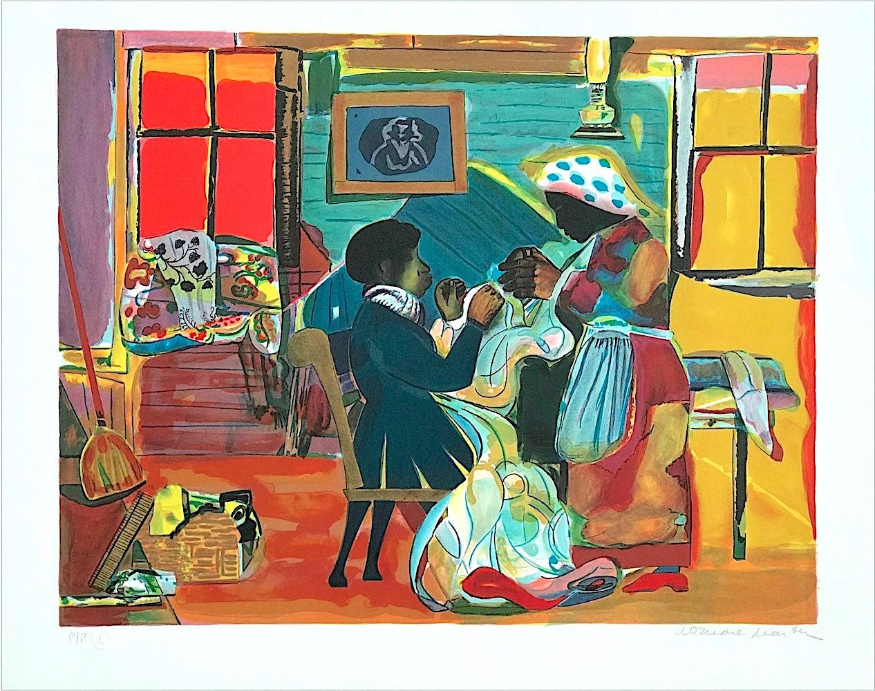 QUILTING TIME Signed Lithograph, African American Culture, Interior Scene, Quilt
