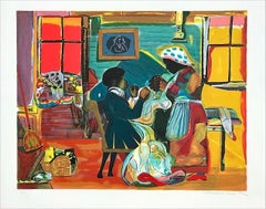 QUILTING TIME Signed Lithograph, African American Culture, Interior Scene, Quilt