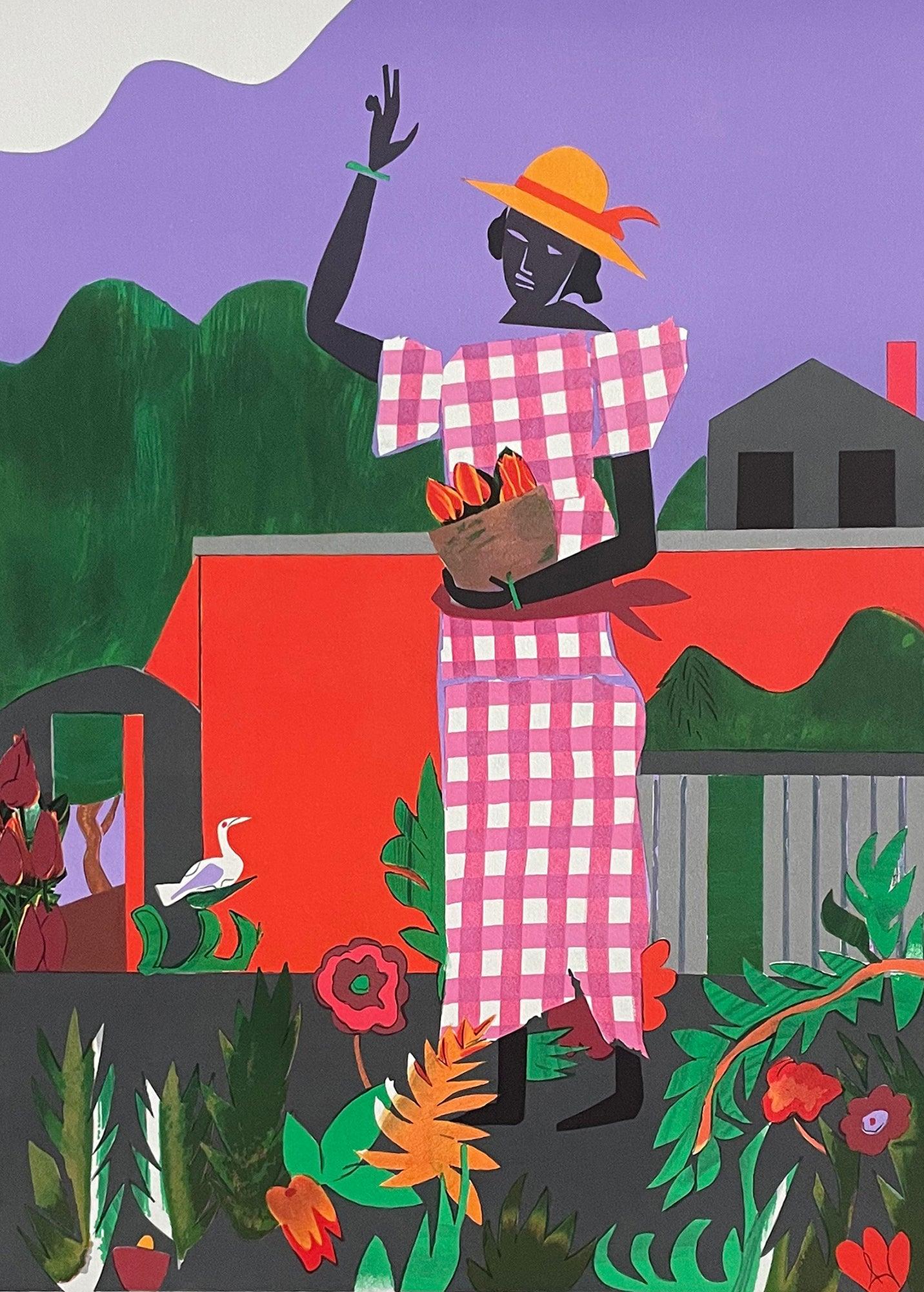 Romare Bearden 'Girl in Garden' 1979- Lithographie- Signée, Vintage en vente 1