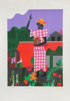 Romare Bearden 'Girl in Garden' 1979- Lithographie- Signée, Vintage