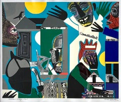 SORCERERS VILLAGE Signed Serigraph, Abstract Collage Figures, African Masks