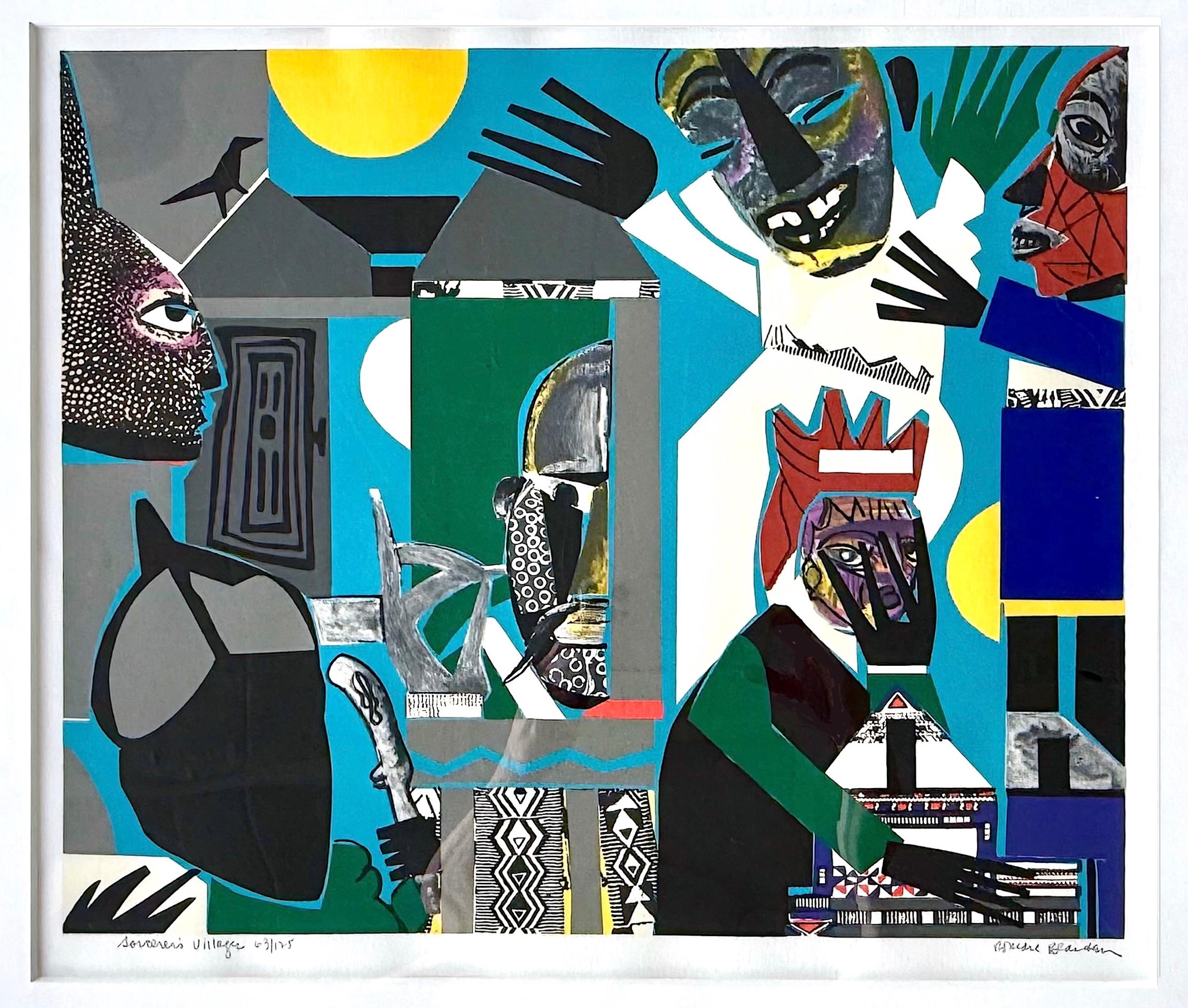 SORCERERS VILLAGE Signierte Serigraphie, Abstrakte Collage Figuren, Afrikanische Masken