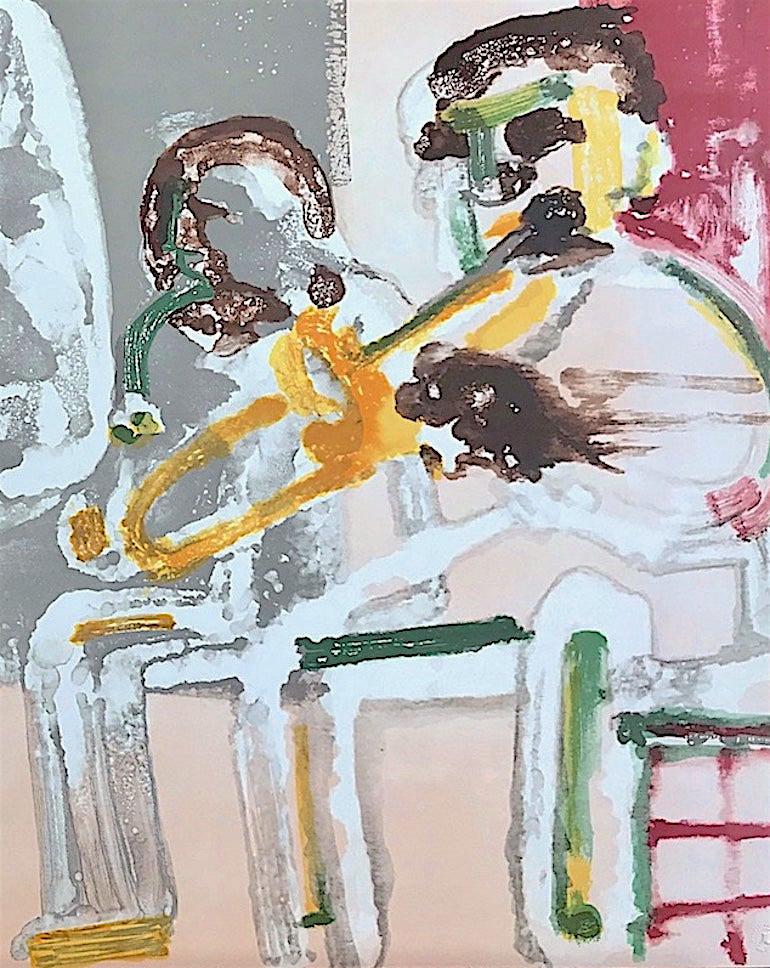 TENOR SERMON, signierte Lithographie, Abstraktes Porträt, Jazz-Musik-Trommel Sax Trombone  (Zeitgenössisch), Print, von Romare Bearden