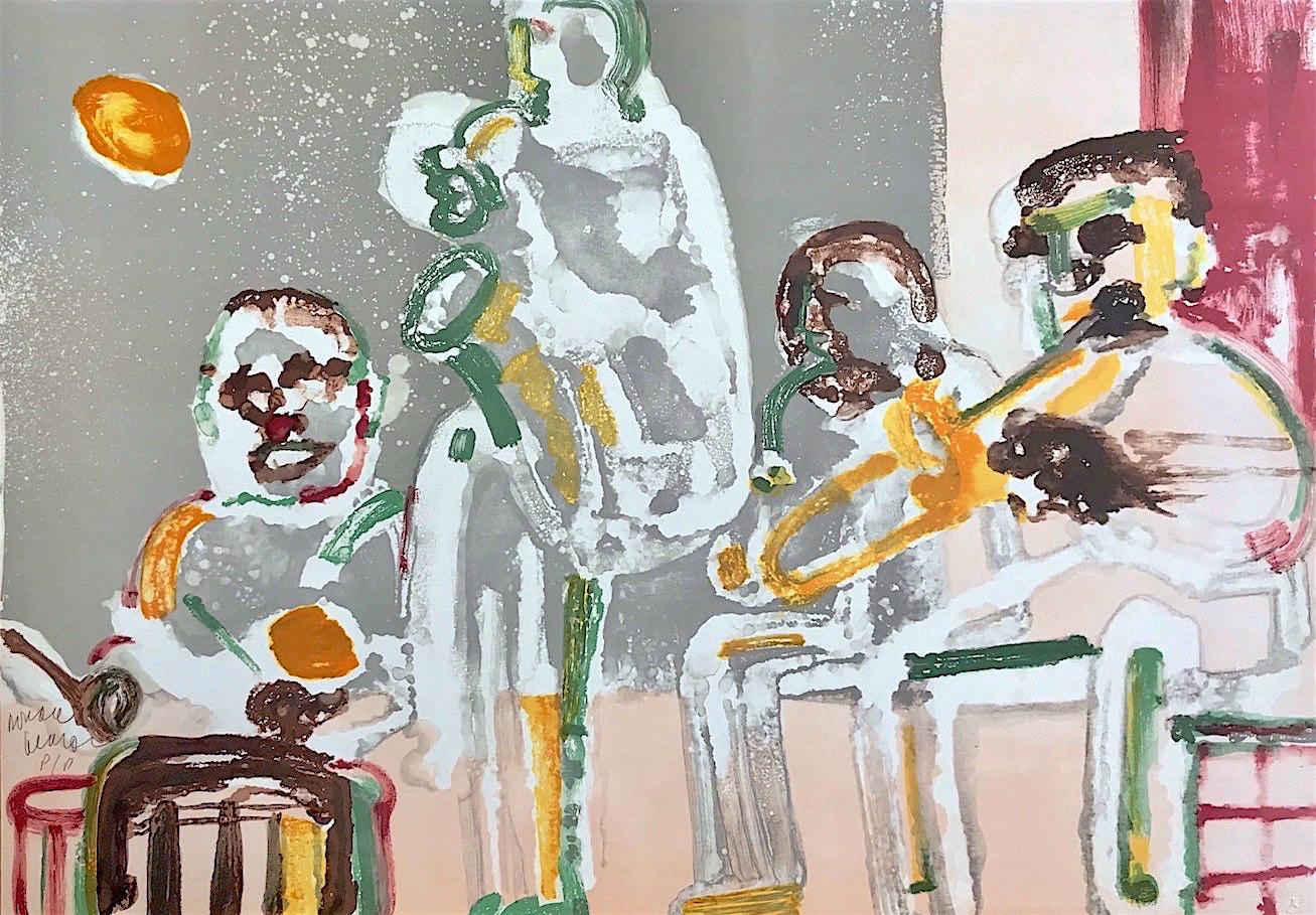 Romare Bearden Portrait Print – TENOR SERMON, signierte Lithographie, Abstraktes Porträt, Jazz-Musik-Trommel Sax Trombone 