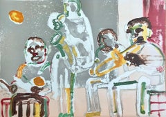 TENOR SERMON Signed Lithograph, Abstract Portrait Jazz Music Drum Sax Trombone