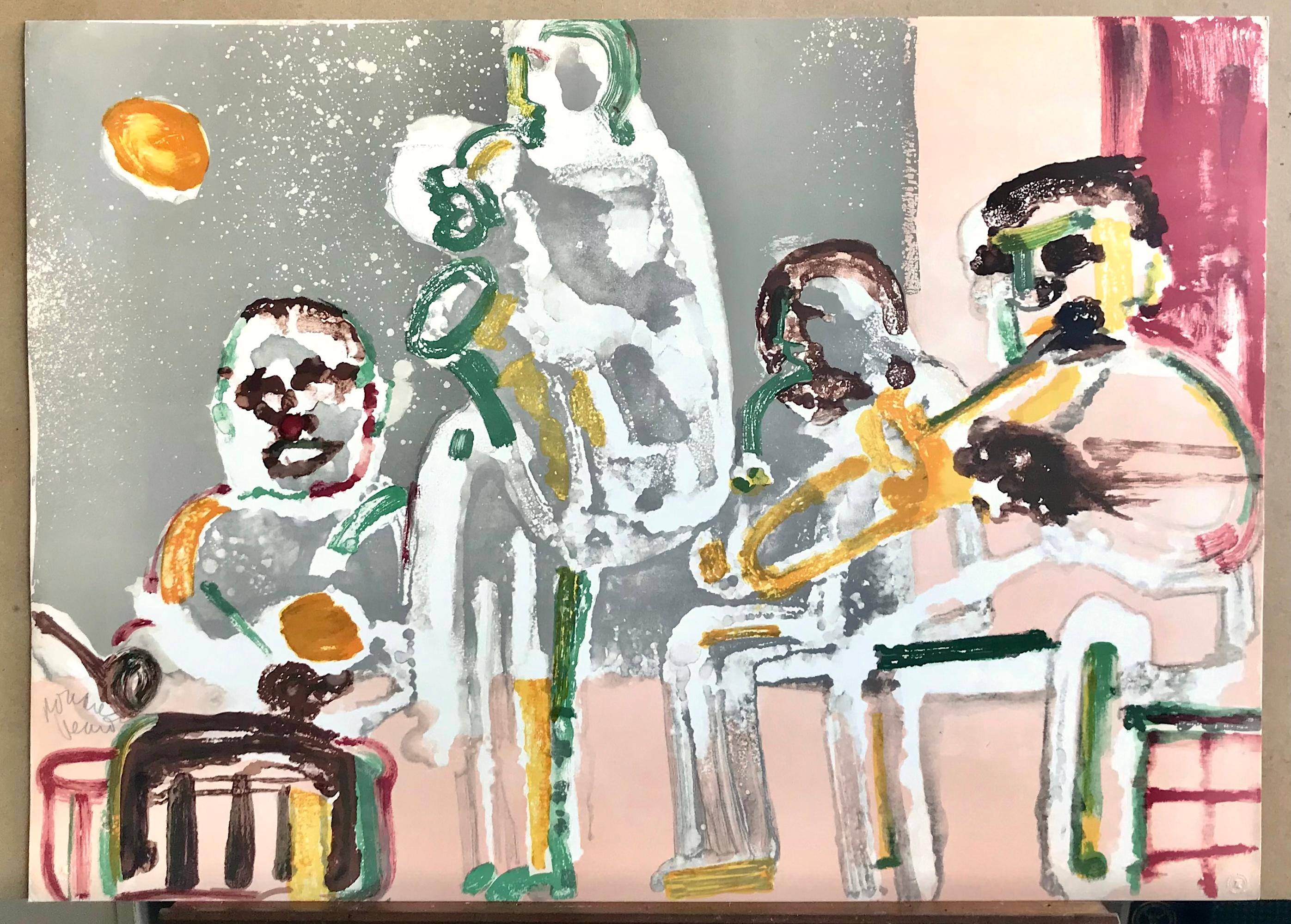 TENOR SERMÓN Litografía Firmada, Retrato Abstracto Música Jazz Tambor Saxo Trombón en venta 3