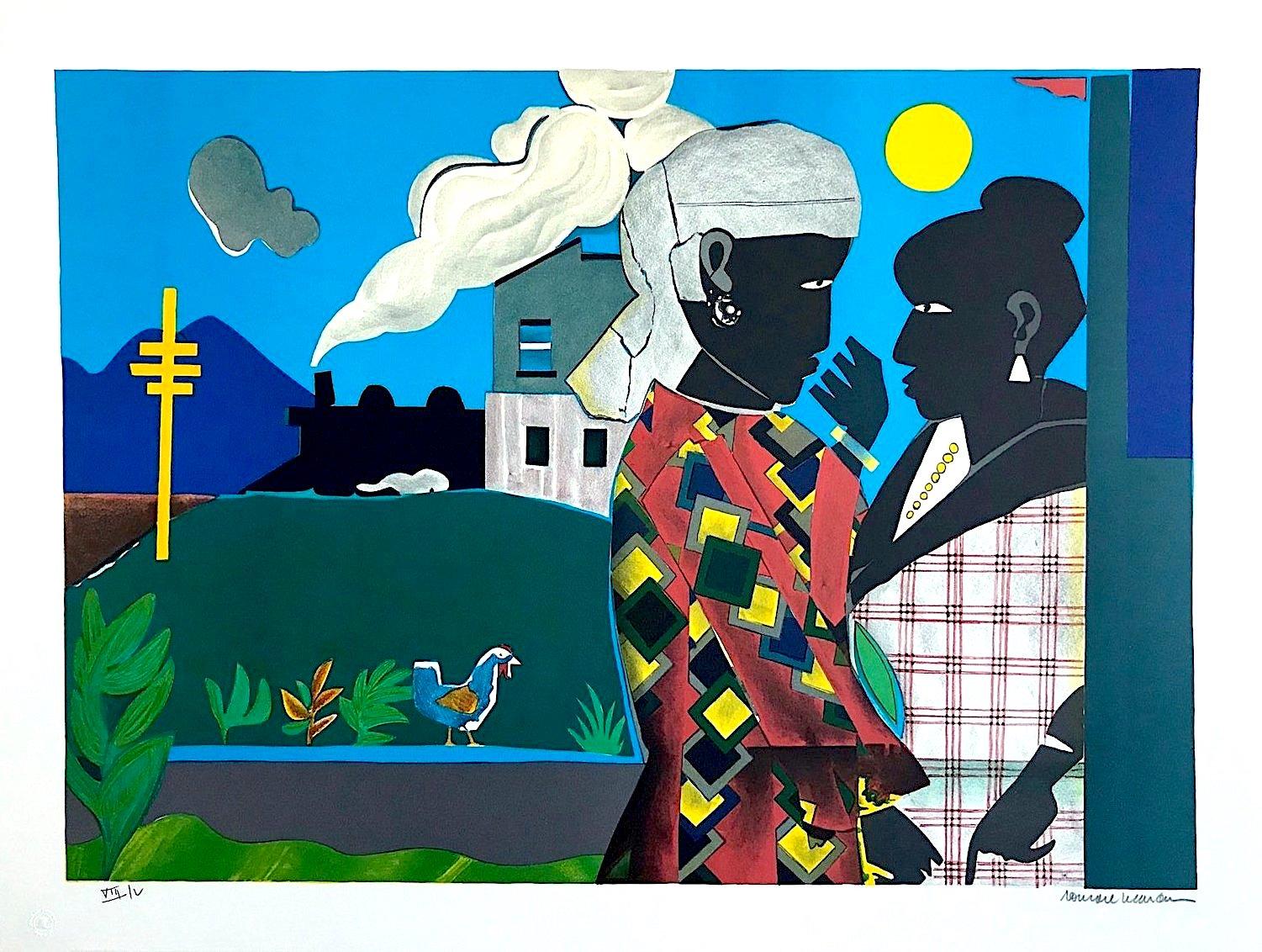 Romare Bearden Landscape Print - THE CONVERSATION Signed Lithograph, Black Women, African American Culture, Train