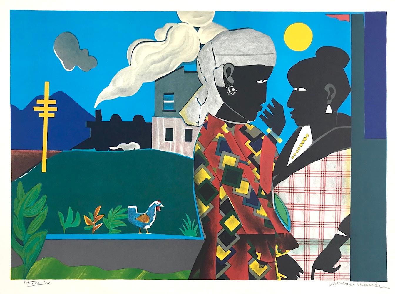 Signierte Lithographie „The CONVERSATION“, schwarze Frauen, Zug, afroamerikanische Kultur – Print von Romare Bearden