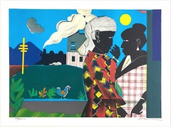 Lithographie signée THE CONVERSATION, femmes noires, train, culture afro-américaine