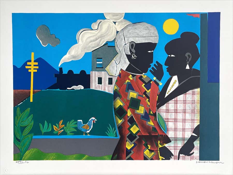 THE CONVERSATION Signed Lithograph 1979, Figurative Abstract, Black Women, Train