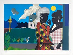 Lithographie signée THE CONVERSATION, femmes noires, train, culture afro-américaine