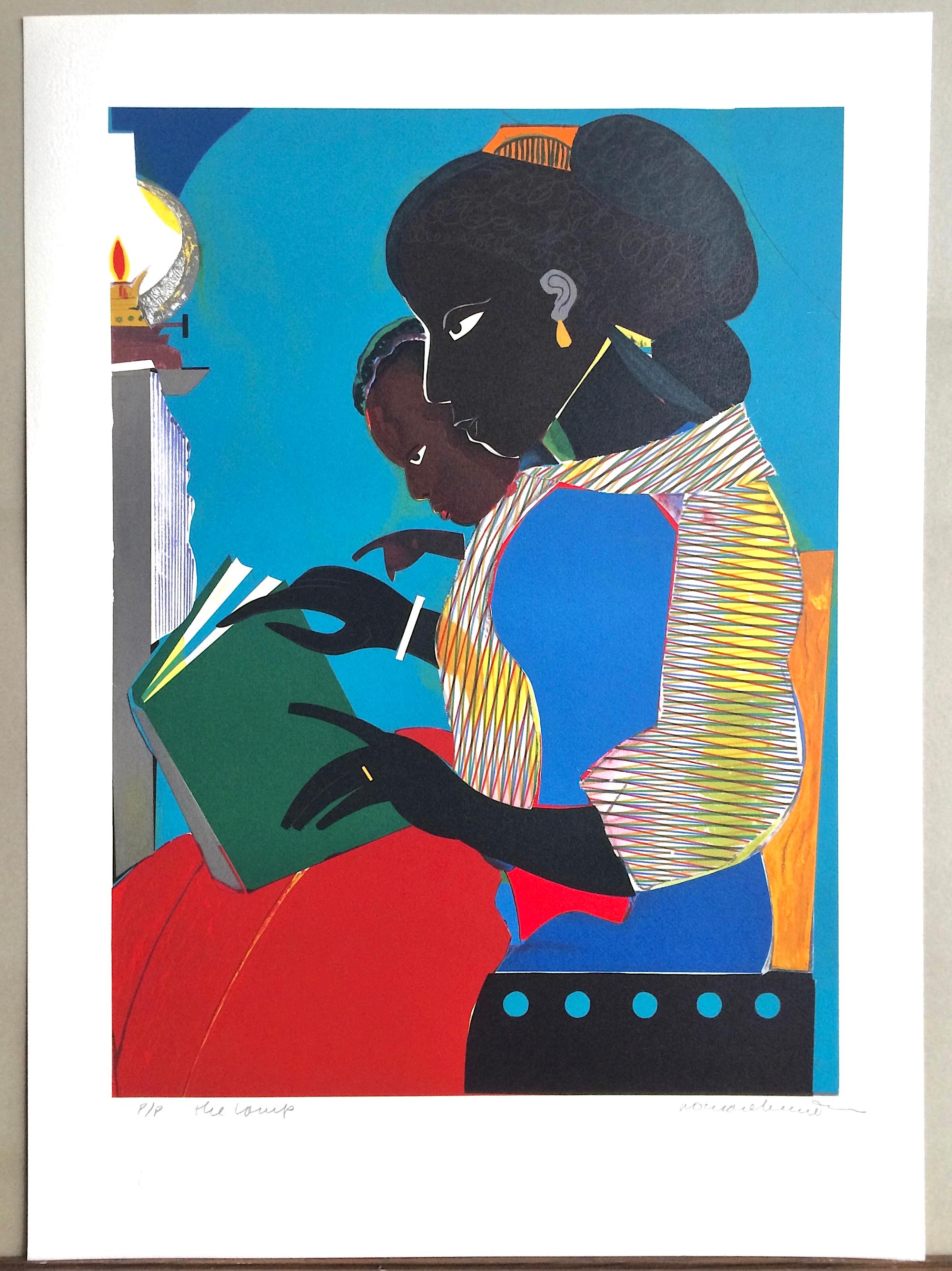 THE LAMP Signed Lithograph Black Mother and Child Reading Brown vs. Board of Ed. - Contemporary Print by Romare Bearden