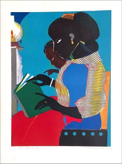 Retro THE LAMP Signed Lithograph Black Mother and Child Reading Brown vs. Board of Ed.