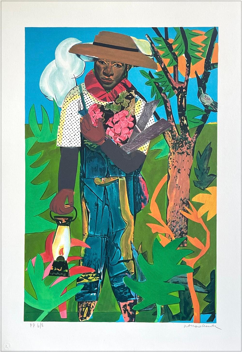 LA LANTERA Litografía firmada a mano, retrato collage, herencia afroamericana - Print de Romare Bearden