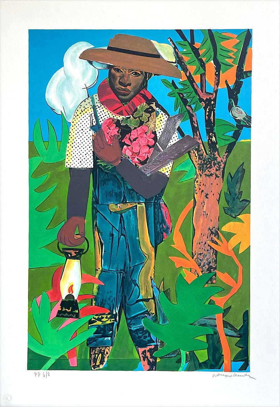 THE LANTERN Hand Signed Lithograph 1979, Collage Portrait, Rural Landscape Scene