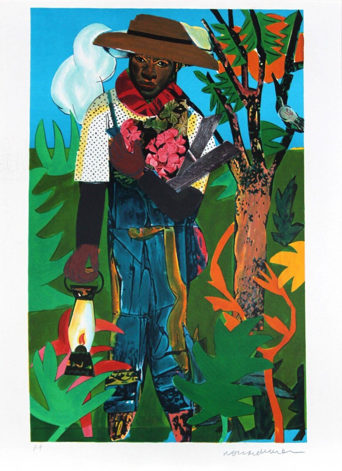The Lantern Francobollo litografico originale del 1979 firmato dall'artista.  CONDIZIONE MINT - Print di Romare Bearden