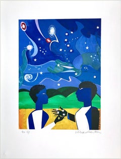 TWO WORLDS, FACES OF THE FUTURE Signed Lithograph, Collage Portrait Starry Night