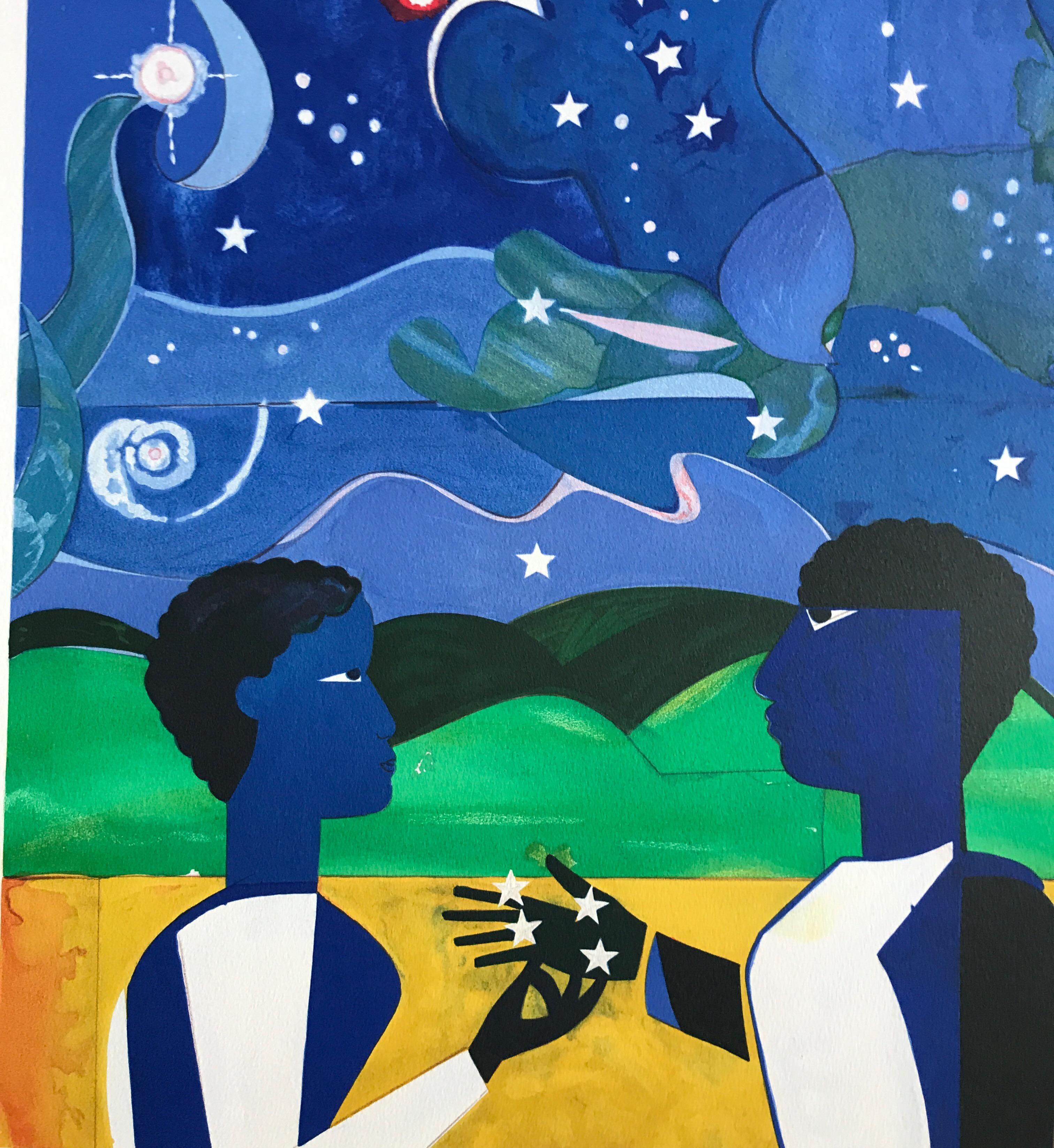 TWO WORLDS, FACES OF THE FUTURE Signed Lithograph, Collage Portrait Starry Night - Print by Romare Bearden