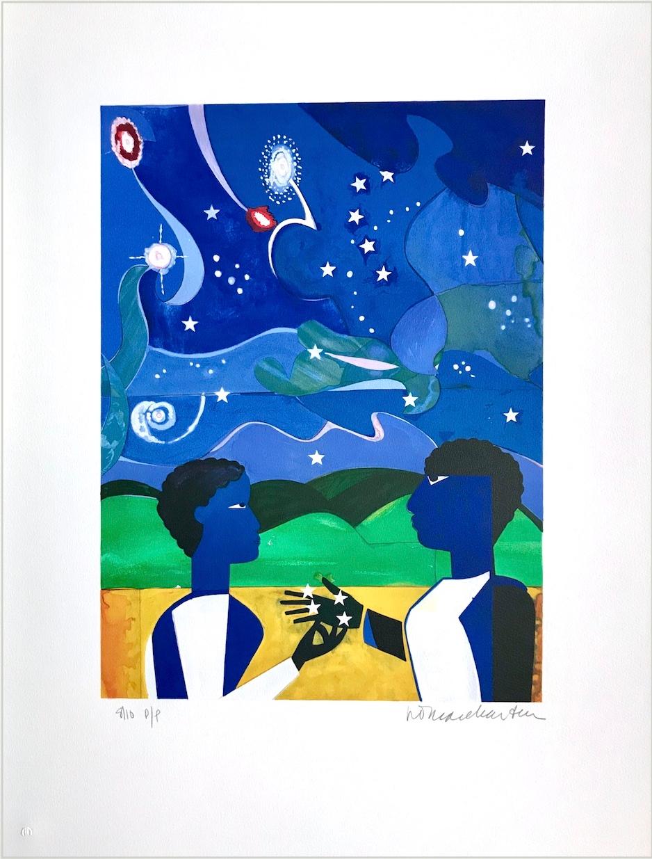 TWO WORLDS, FACES OF THE FUTURE Signed Lithograph, Collage Portrait Starry Night - Print by Romare Bearden