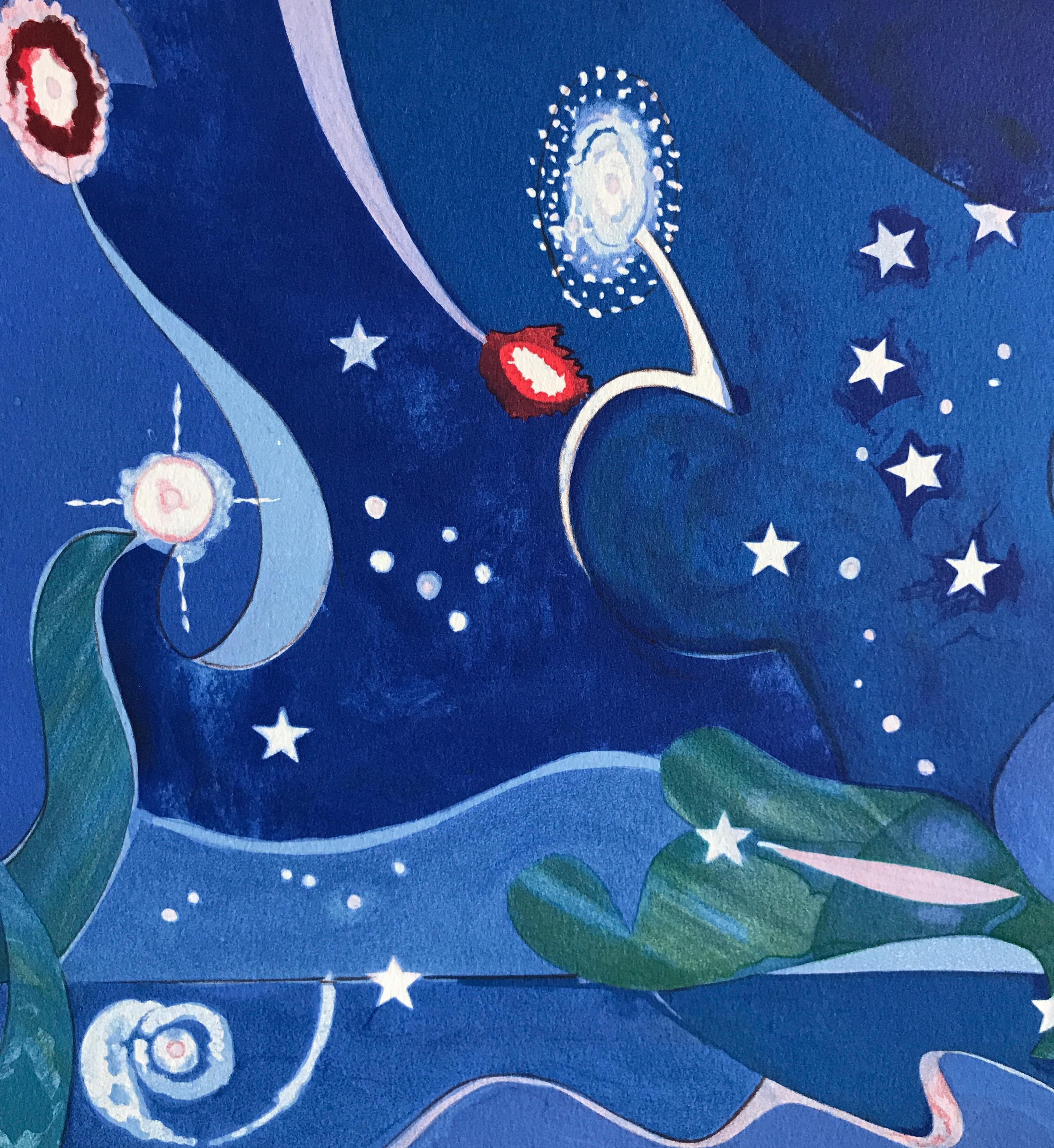 DOS MUNDOS, CARAS DEL FUTURO Litografía firmada, Collage Retrato Noche estrellada - Landscape Print Azul de Romare Bearden