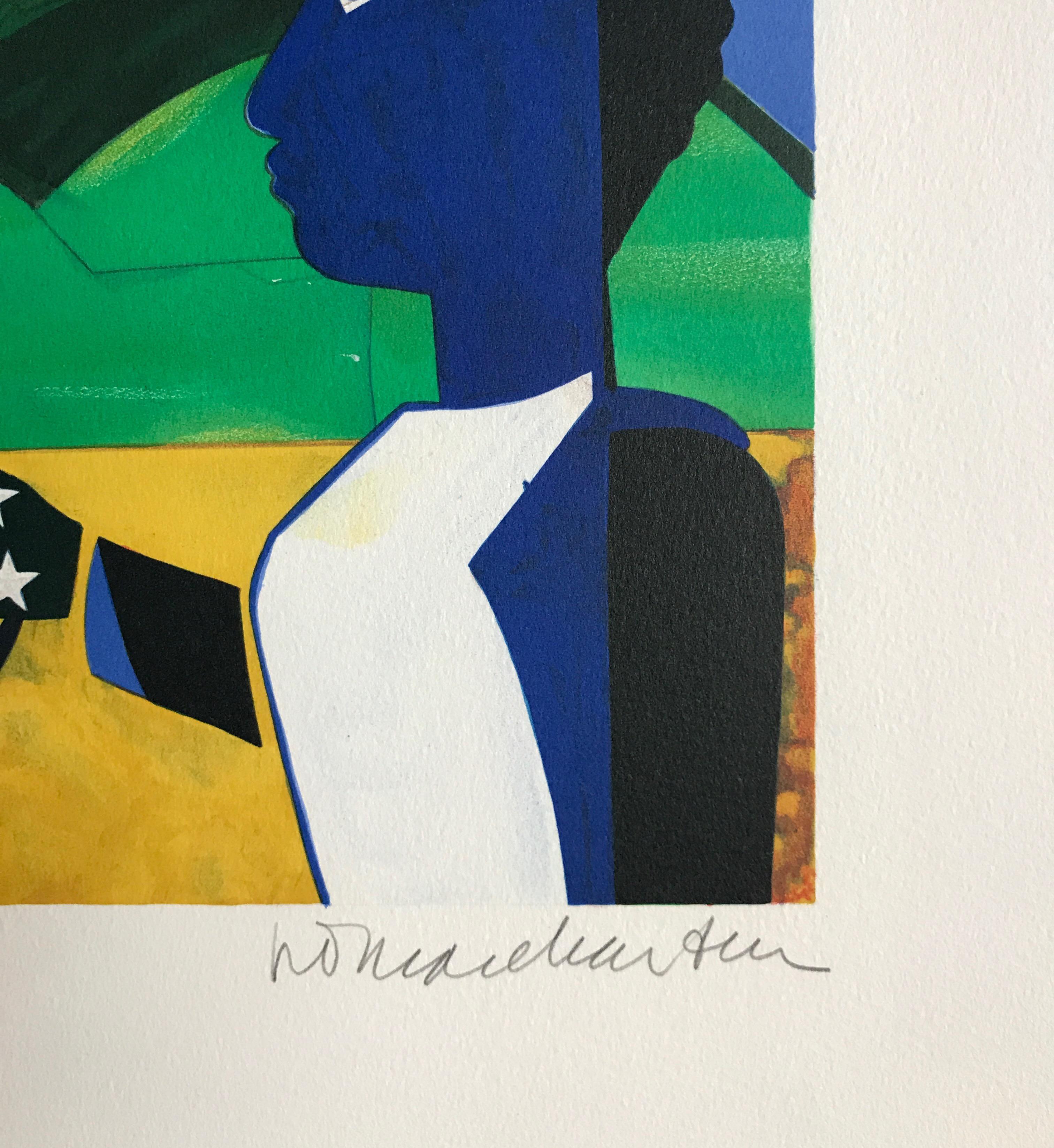 TWO WORLDS, FACES OF THE FUTURE Signed Lithograph, Collage Portrait Starry Night - Blue Portrait Print by Romare Bearden