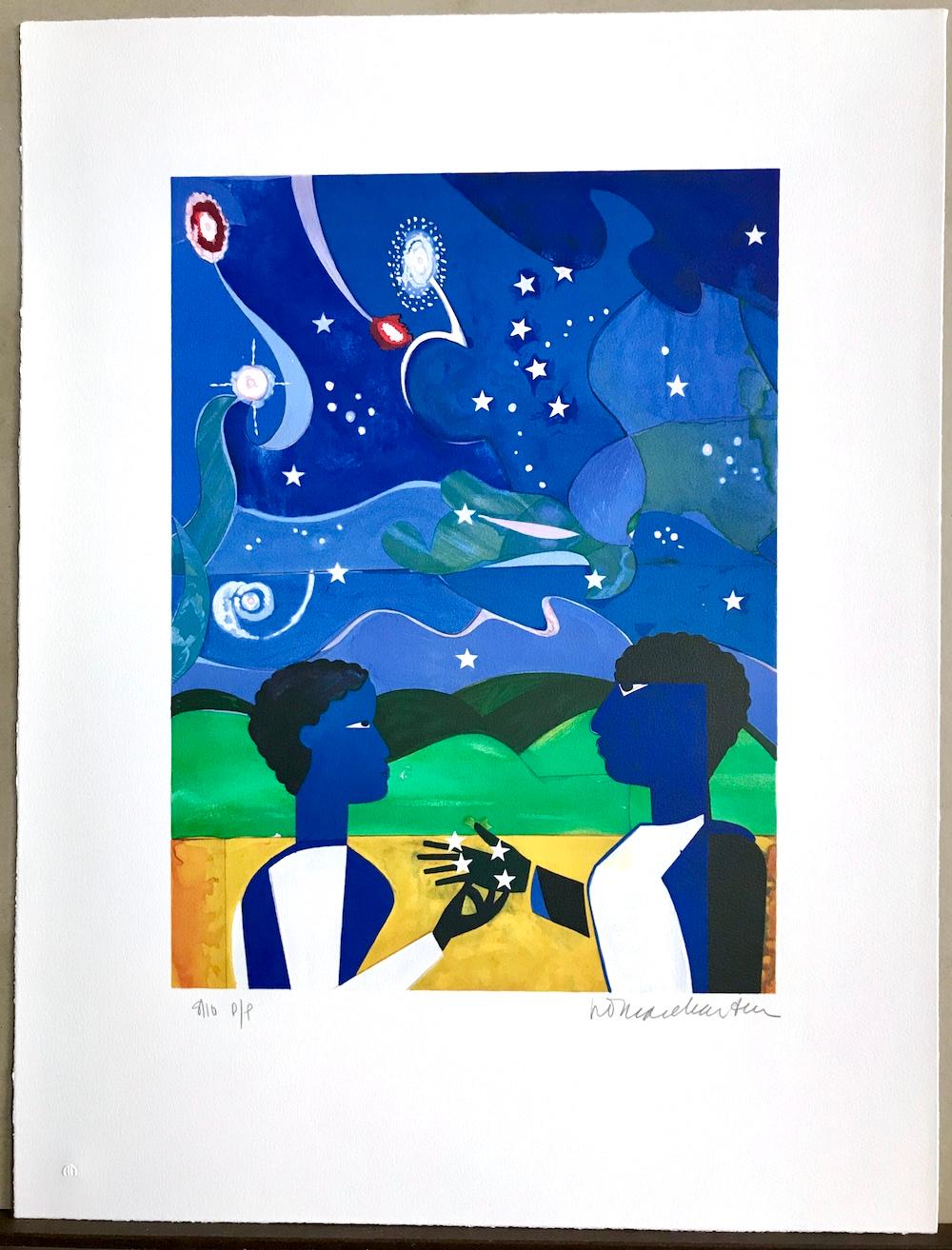 DOS MUNDOS, CARAS DEL FUTURO Litografía firmada, Collage Retrato Noche estrellada 1