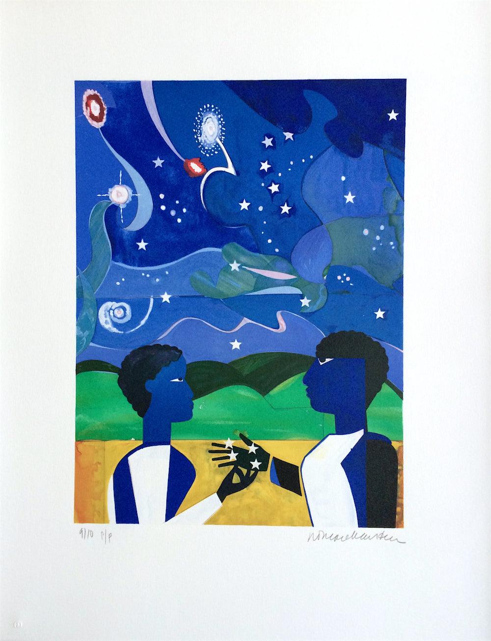 TWO WORLDS, FACES OF THE FUTURE Signed Lithograph, Collage Portrait Starry Night - Contemporary Print by Romare Bearden