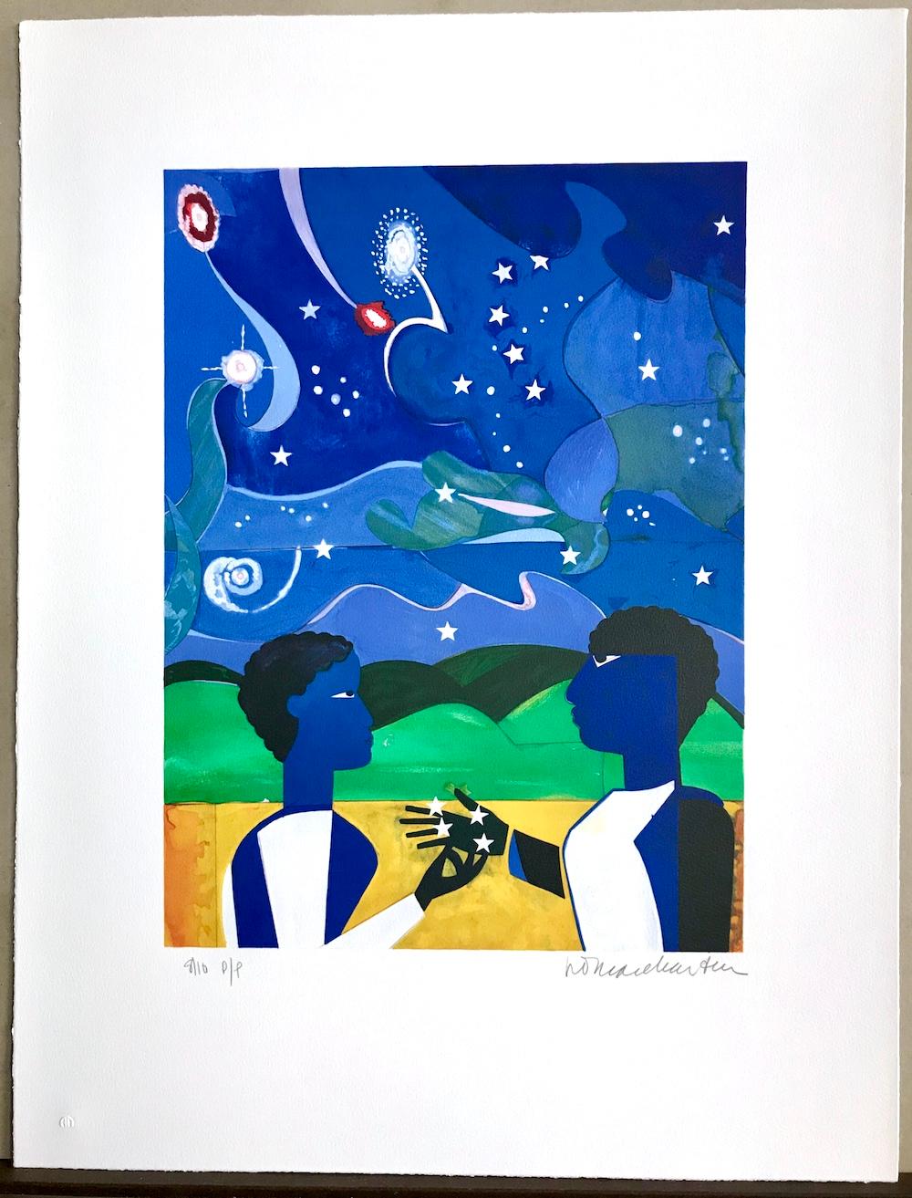 TWO WORLDS, FACES OF THE FUTURE is a hand drawn, limited edition color lithograph printed using hand lithography techniques on archival Arches printmaking paper, 100% acid free, by the renowned American artist Romare Bearden. TWO WORLDS, FACES OF