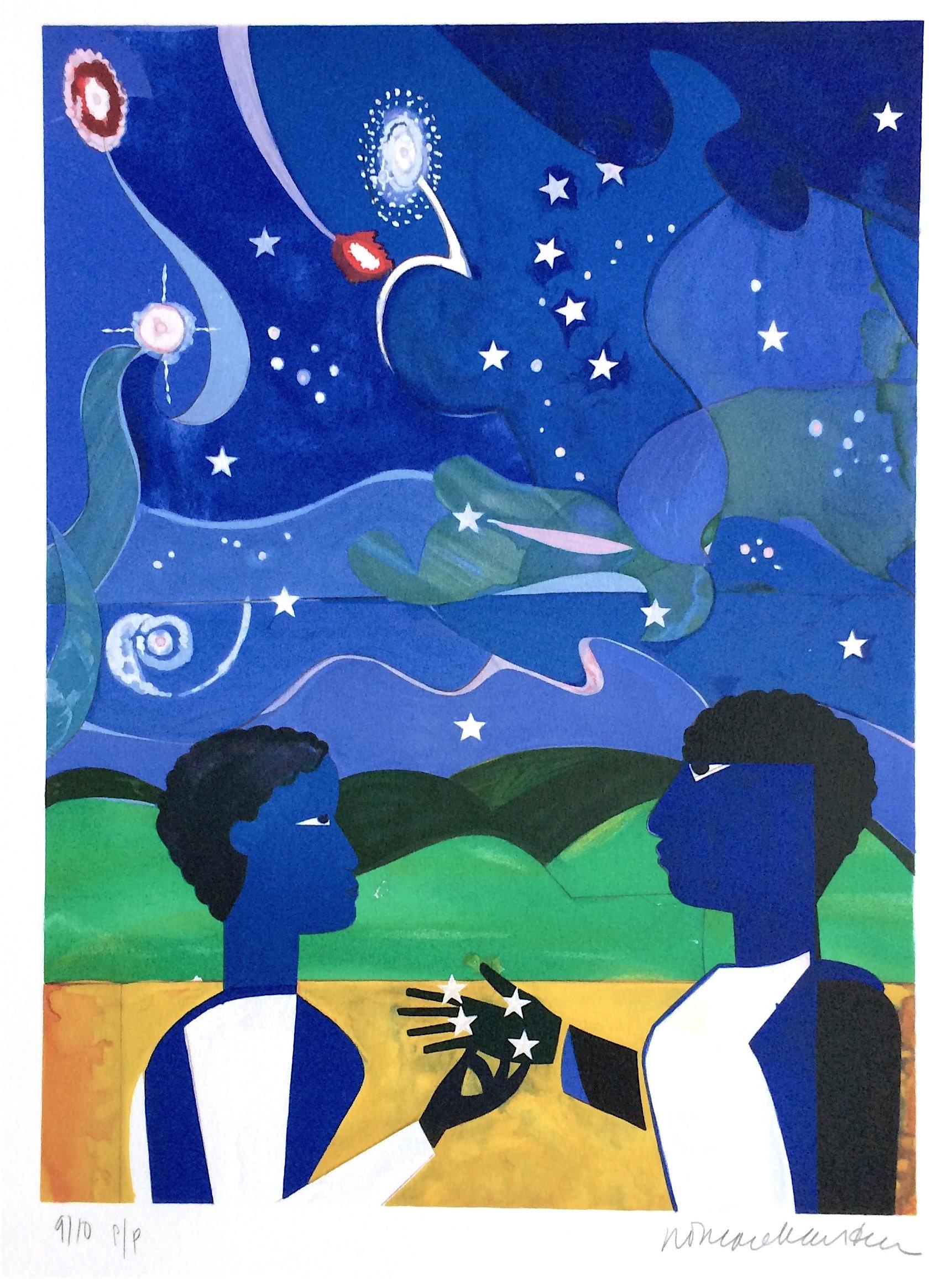 Romare Bearden Landscape Print - TWO WORLDS, FACES OF THE FUTURE Signed Lithograph, Collage Portrait Starry Night