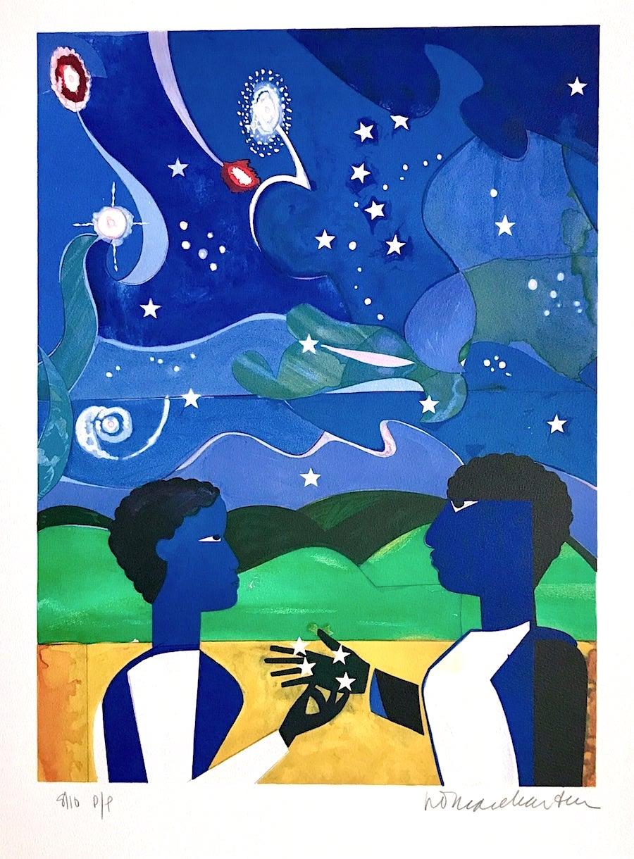 Romare Bearden Portrait Print - TWO WORLDS, FACES OF THE FUTURE Signed Lithograph, Collage Portrait Starry Night
