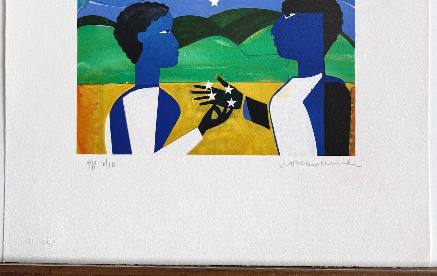 DOS MUNDOS, CARAS DEL FUTURO Litografía firmada, collage figurativo Cielo nocturno en venta 5