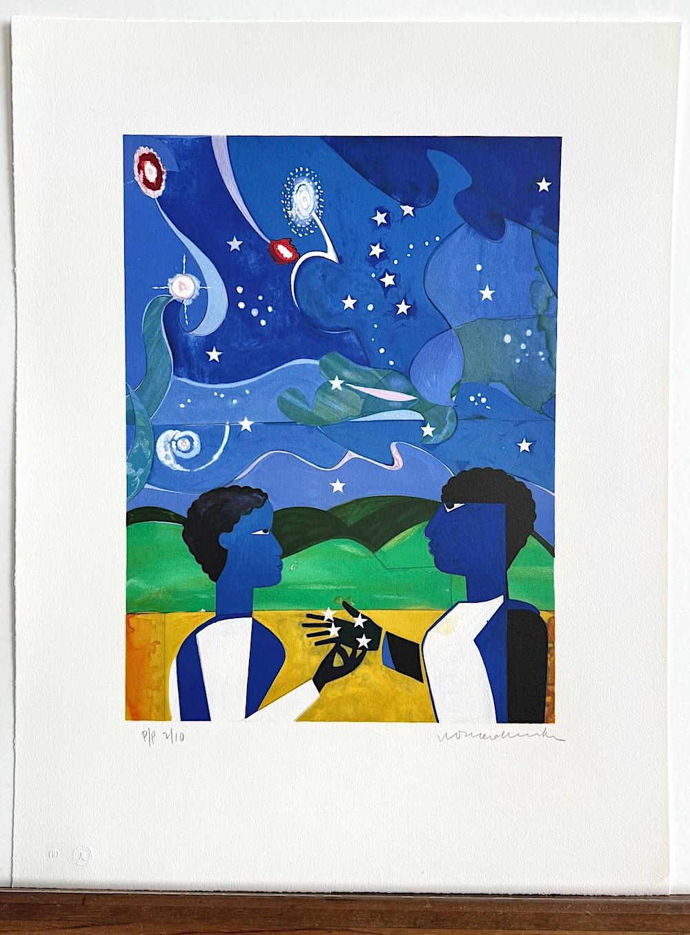 DOS MUNDOS, CARAS DEL FUTURO Litografía firmada, collage figurativo Cielo nocturno en venta 6