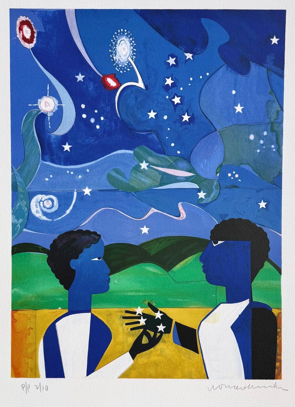 DOS MUNDOS, CARAS DEL FUTURO Litografía firmada, collage figurativo Cielo nocturno - Print de Romare Bearden