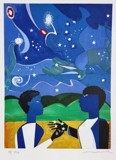 TWO WORLDS, FACES OF THE FUTURE Signed Lithograph, Figurative Collage Night Sky
