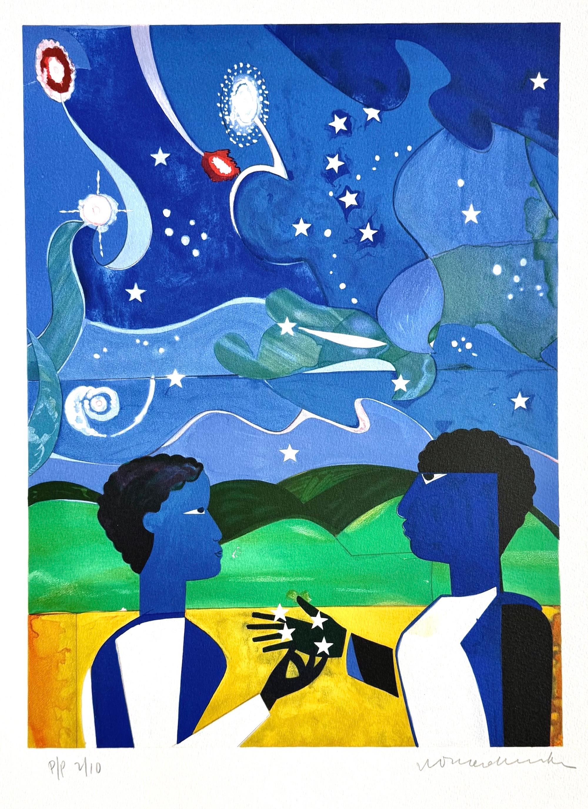 Romare Bearden Portrait Print - TWO WORLDS, FACES OF THE FUTURE Signed Lithograph, Figurative Collage Night Sky