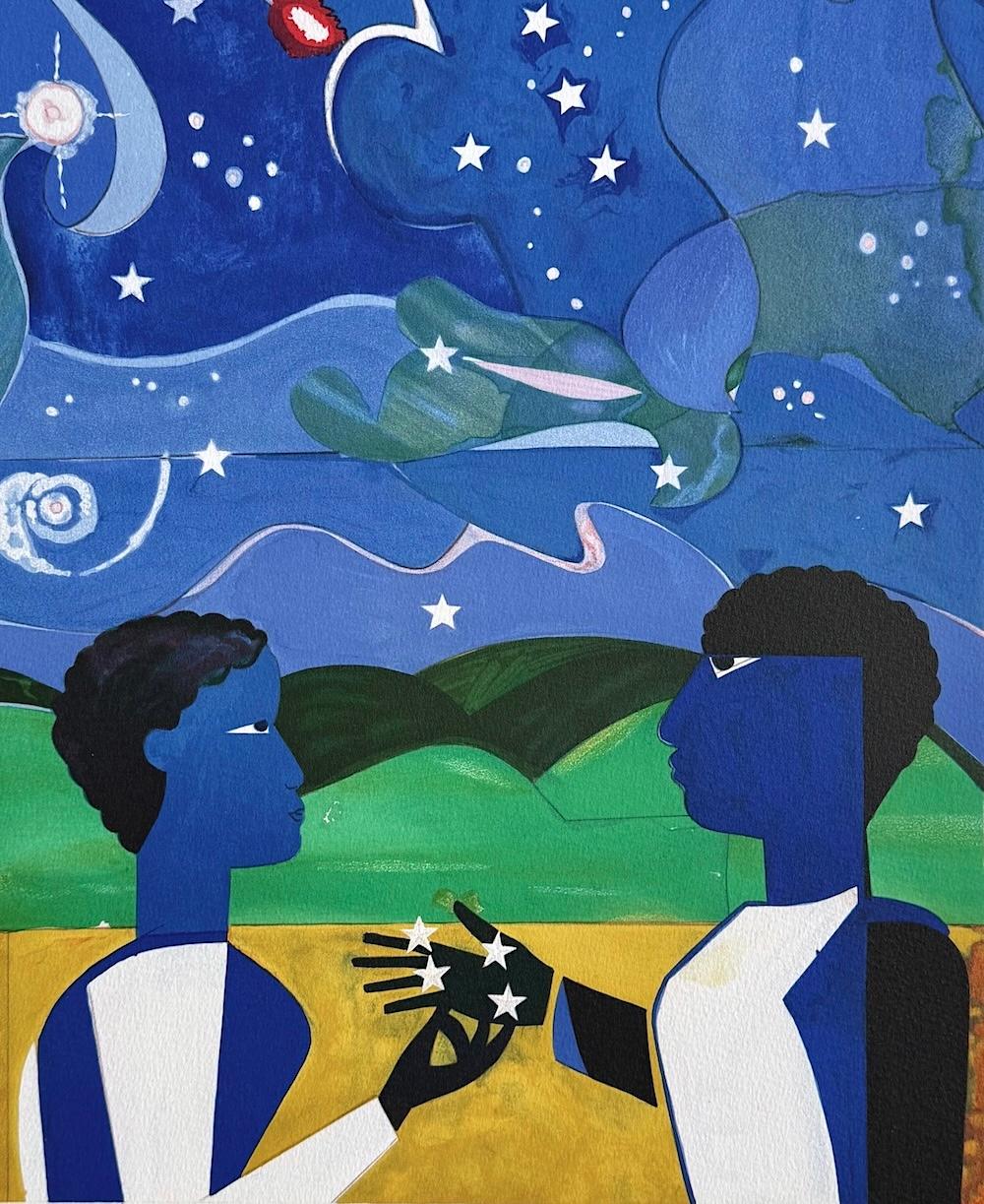 DOS MUNDOS, CARAS DEL FUTURO Litografía firmada, collage figurativo Cielo nocturno - Portrait Print Gris de Romare Bearden